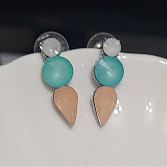 Vintage J Crew Turquoise Orange Crystal Drop Bar Colourblock Geometic Earrings - Picture 7 of 16